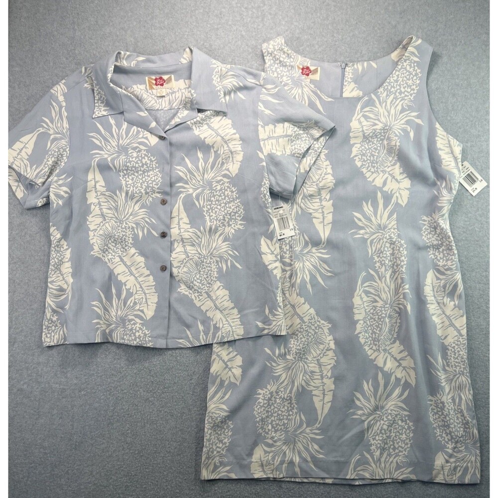 Hilo Hattie Dress & Blouse Set Size 14/16 Blue 100% Silk Tropical Hawaiian Luau